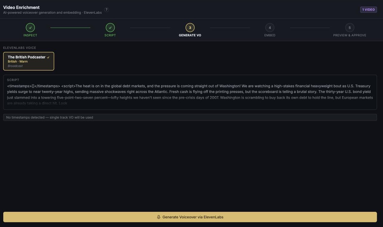 The Generate VO step in MediaBlaze showing a named ElevenLabs broadcast voice selected, the script to be read, and a Generate Voiceover button.