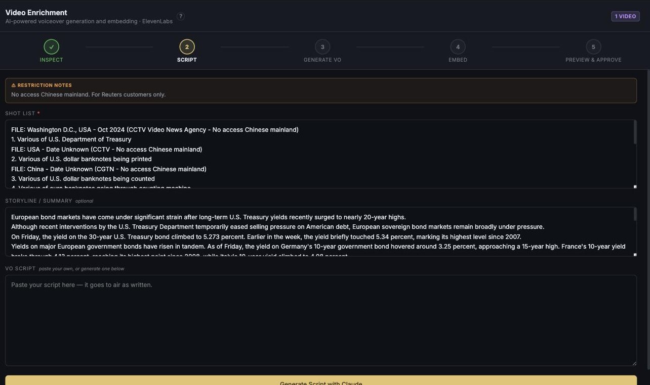 The Script step in MediaBlaze: an amber restriction-notes panel quoting the agency's usage terms, the agency shot list, the storyline summary, and an empty voiceover script field reading paste your own or generate one below.