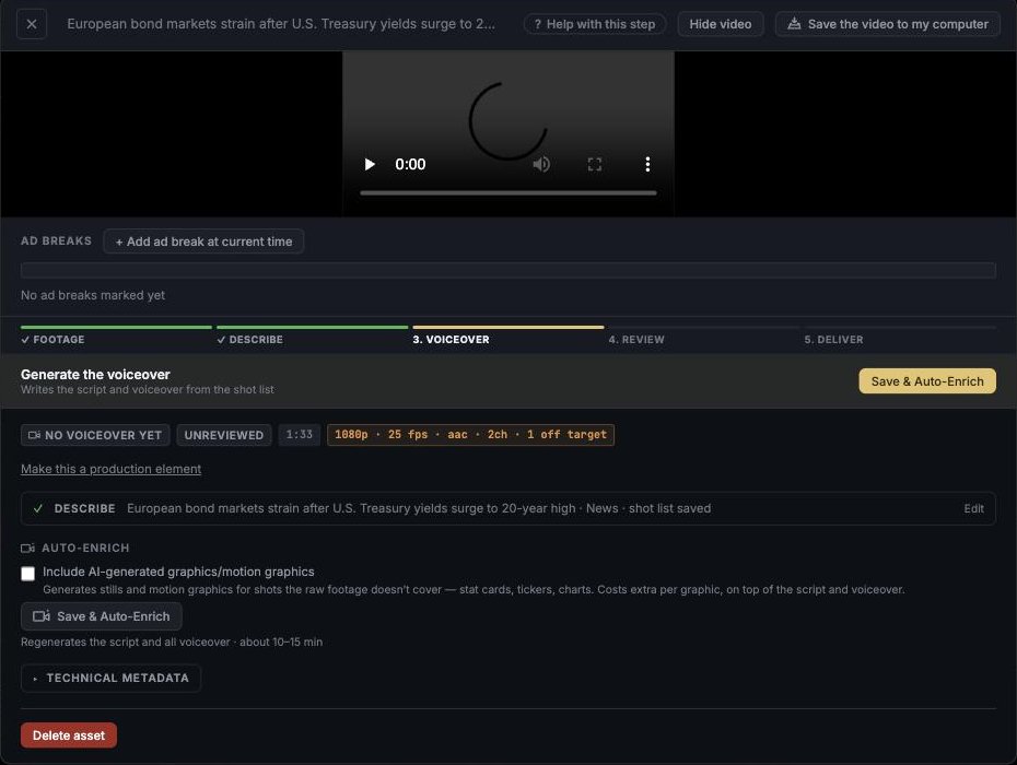 The MediaBlaze asset workspace: a five-step progress bar reading Footage, Describe, Voiceover, Review and Deliver; an ad-breaks panel; and a Save and Auto-Enrich button labelled with its ten to fifteen minute run time.