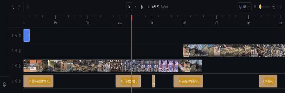 The MediaBlaze editor timeline showing a time ruler, a playhead, stacked video tracks of real footage, and amber voiceover clips on a separate track below.
